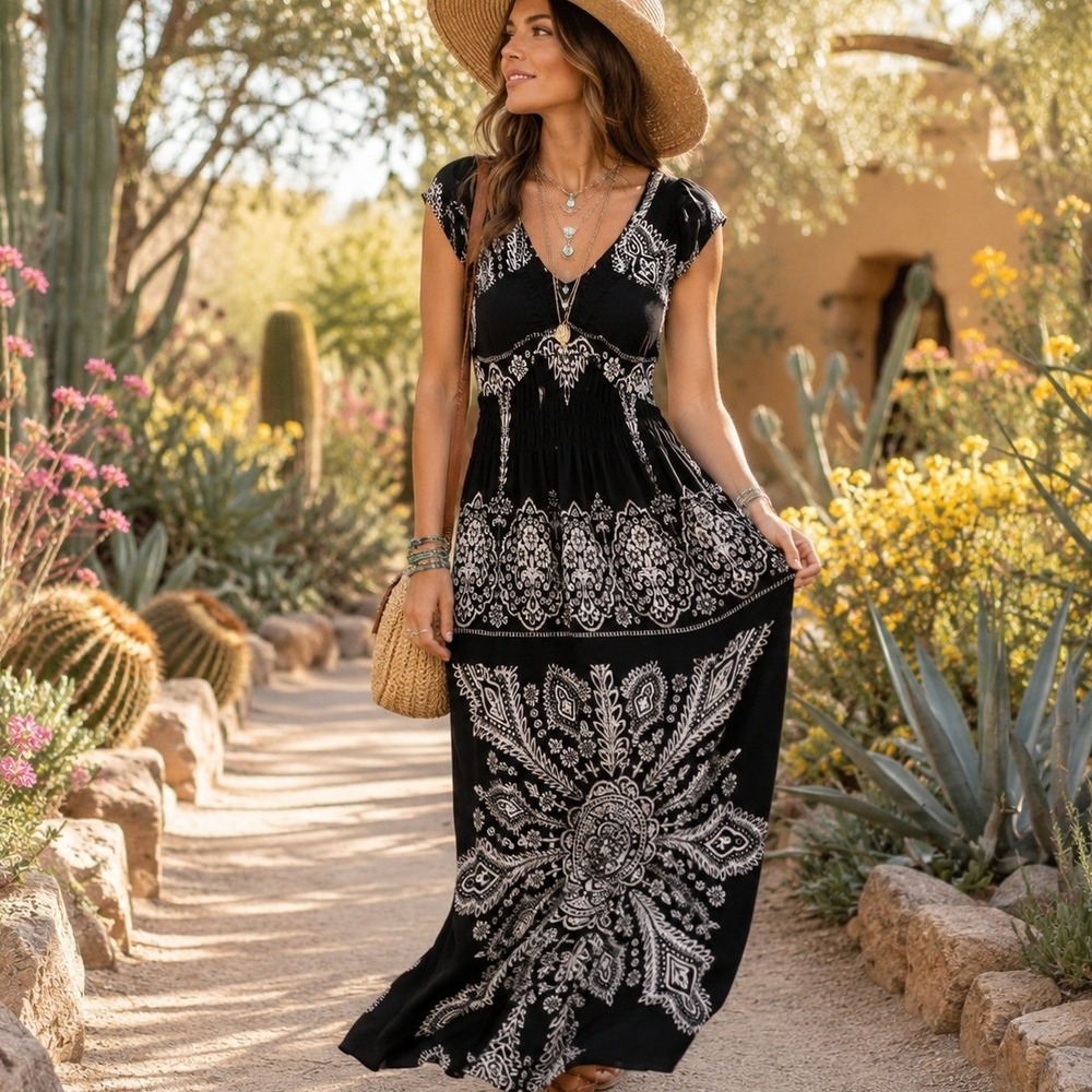 Earthbound Trading Co Black White Boho Paisley Maxi Dress Size Large Western